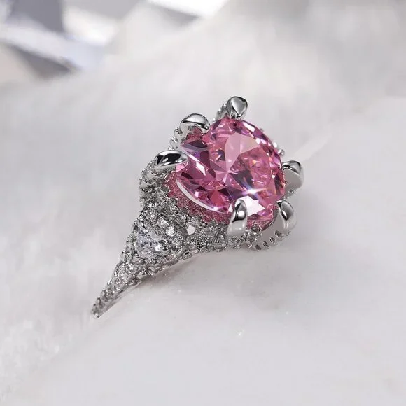 ▶Pink Heart CZ Anillos Shiny Diamonds Silver Plated Heart Ring for Women, L117